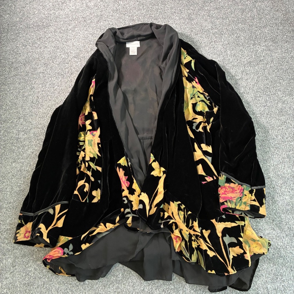 Soft Surroundings Black Floral Silk Blend Velvet Open Jacket Large